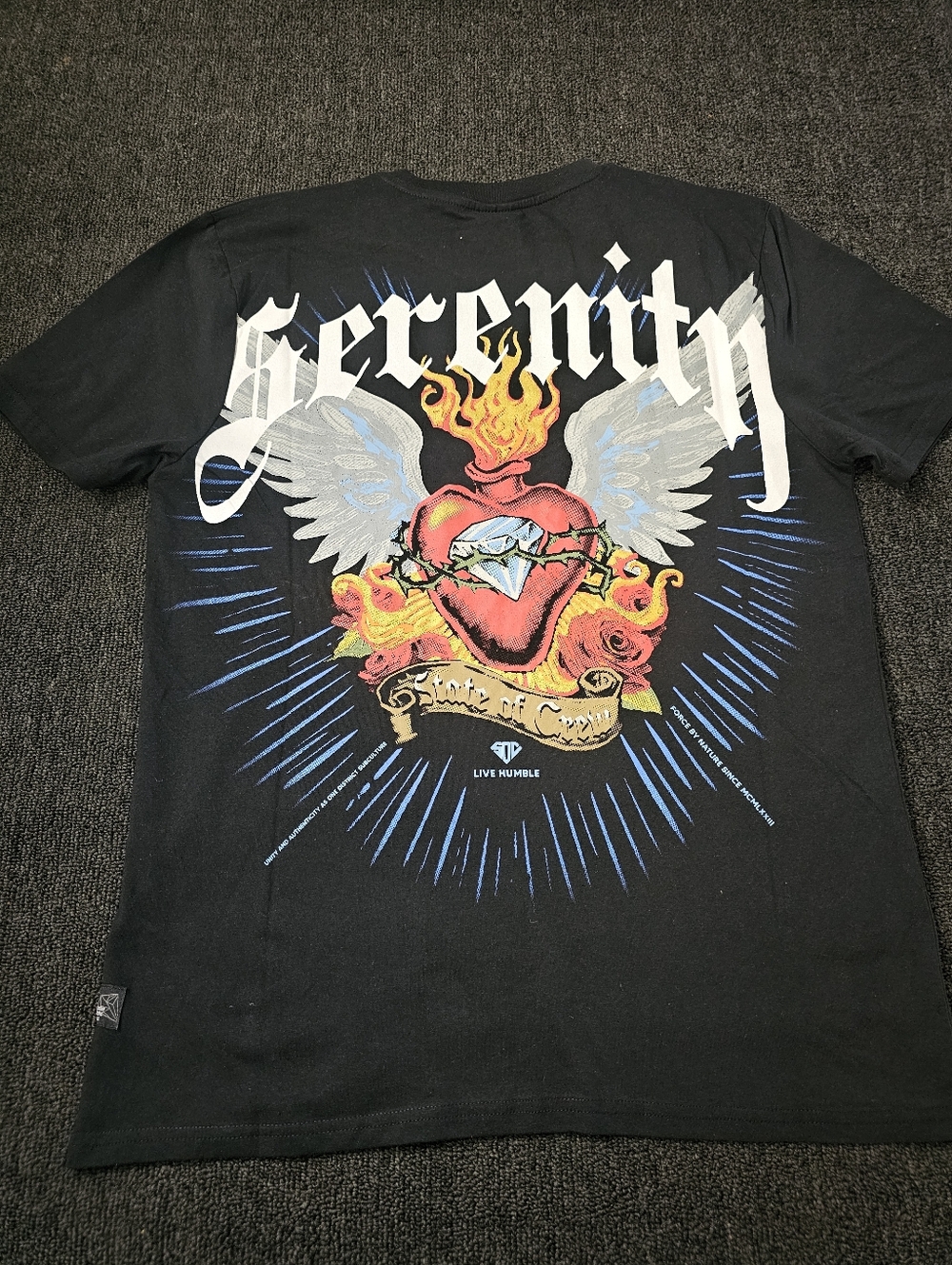 State Of Crew "Serenity" Sacred Flaming Wings Heart Graphic Black Tee Mens Large
